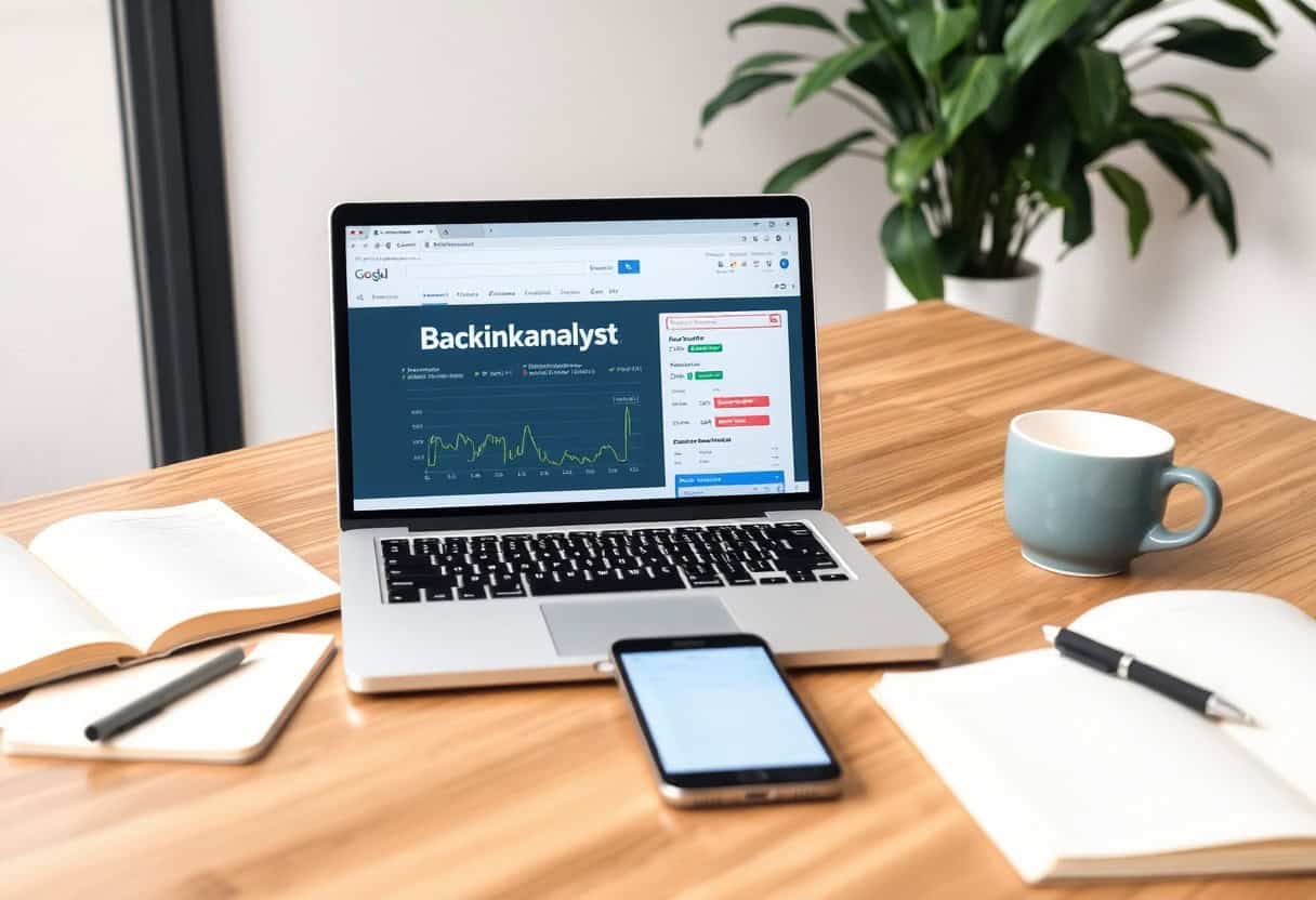 A laptop on a wooden desk displays a Backlinkanalyst dashboard, highlighting local SEO and AI search optimization. Nearby are an open notebook, smartphone, blue coffee cup, pen, and another notebook. A green plant sits in the background.