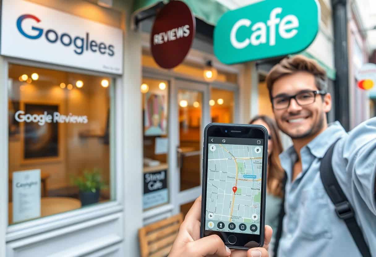 A smiling man takes a selfie outside a café, while holding up a phone displaying a map with a location pin. Signs for Googlees and Cafe are visible above the storefront.