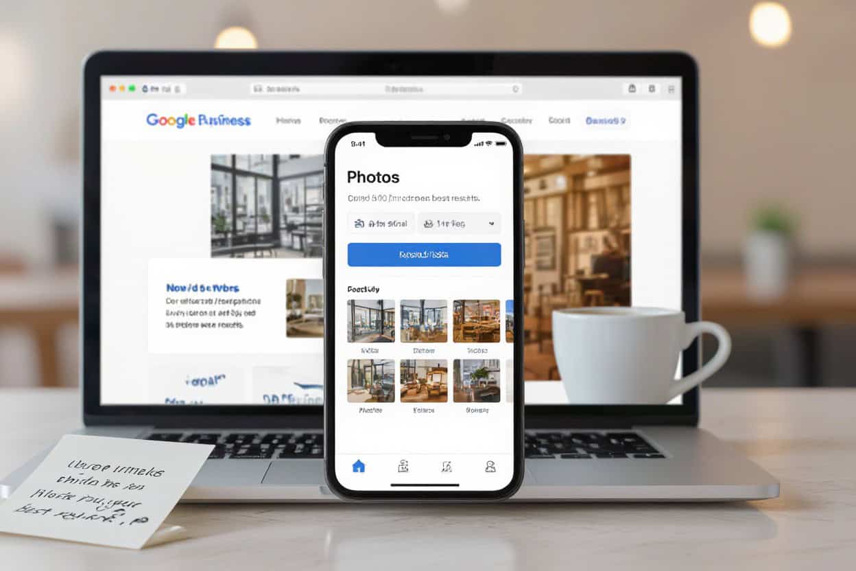 Enhanced local SEO and AI search optimization tools displayed on a laptop and smartphone, showcasing how businesses can improve their online presence with Droved's services.